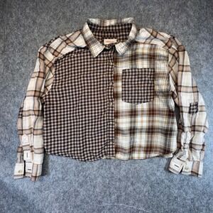 American Eagle Womens Plaid Patchwork Cropped Button Up Flannel Shirt Brown L